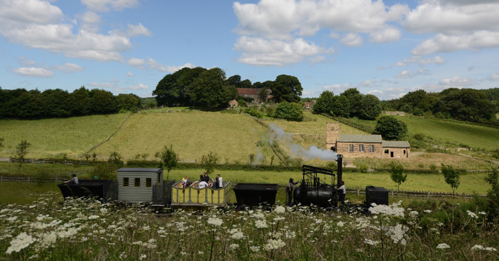 A steam train on Pocklery Waggon way at Beamish Museum